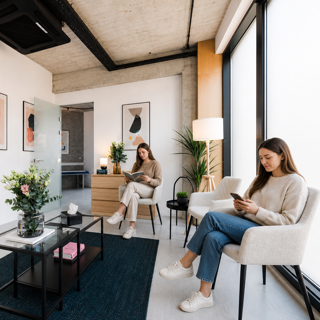 Čekaonica Poliklinike Zora — dvije osobe u mirnom čekanju, premium Scandinavian-medical interior